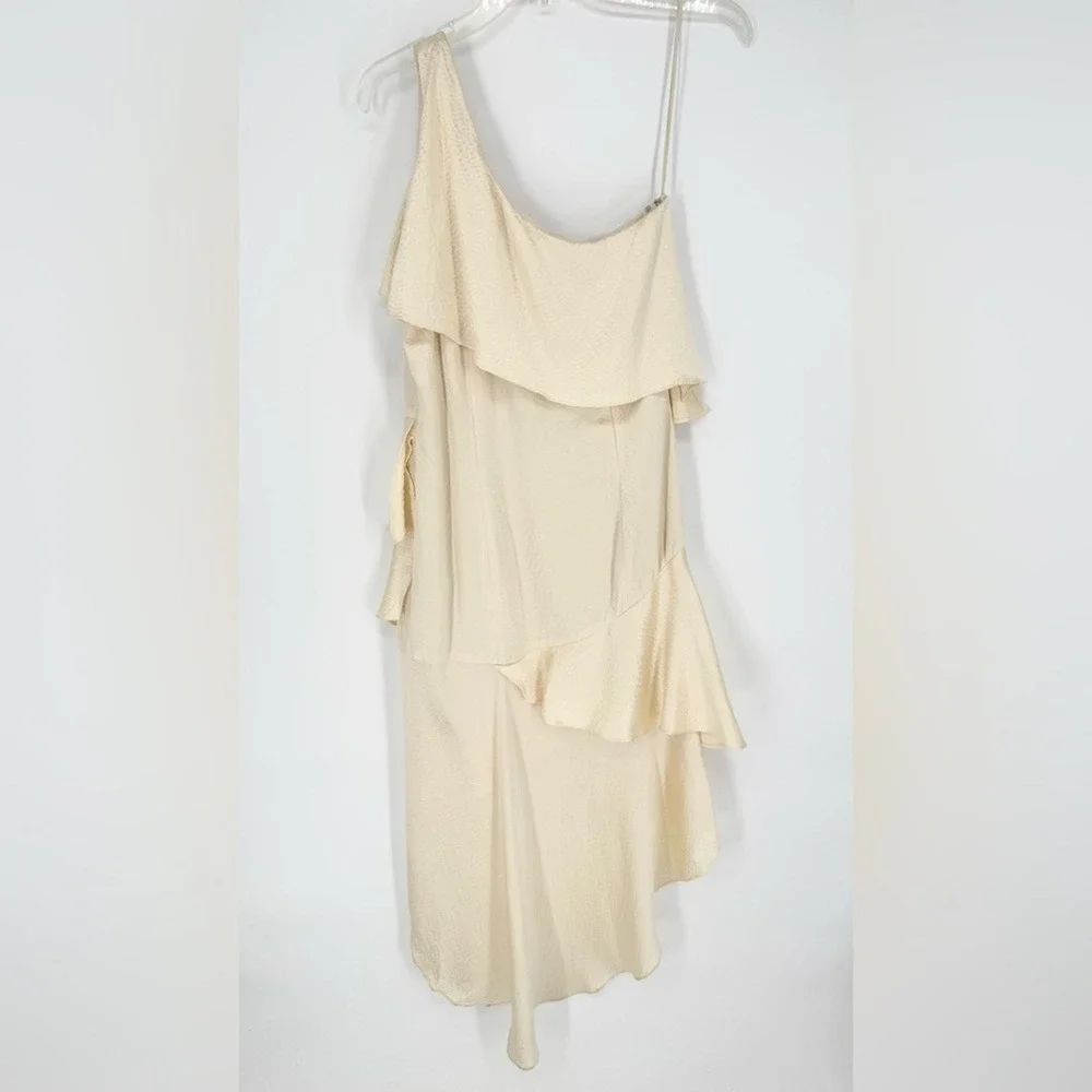 Haney Rae Silk One Shoulder Asymmetrical Tiered Midi Dress Ivory Size 4 Cocktail